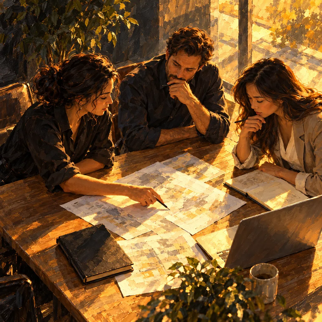 Painterly illustration of colleagues tracing documents and decisions across a shared worktable in warm window light.